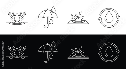 Waterproof and Water Resistant Line Icons Set on White and Black