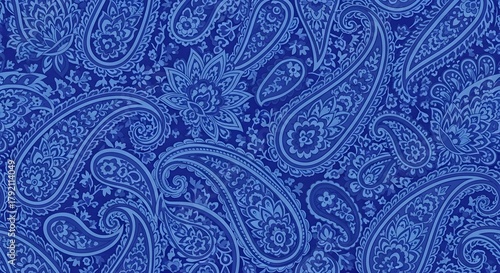 Classic blue paisley pattern, intricate floral design, elegant fabric textile, decorative background