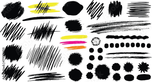 Full pack grunge textures of different types - spray graffiti, stencil lines, brush strokes, ink splashes, paint splatter. Grunge textures, great elaboration, high detail.