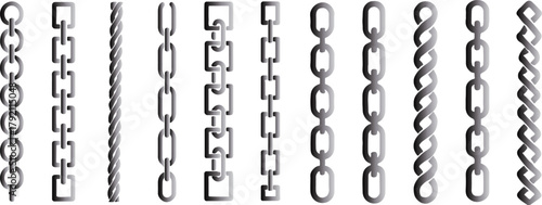 Silhouette chains. Different weaving black seamless borders, decorative jewelry for pendants, recurring metal segments, Elegant precious black necklaces nowaday vector isolated flat set