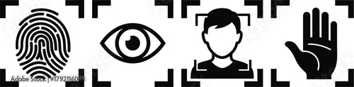 Biometric security icons fingerprint eye face hand for access control
