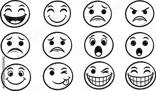 Set of eight simple outline emoji faces displaying various emotions.