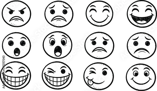Set of eight simple outline emoji faces displaying various emotions.