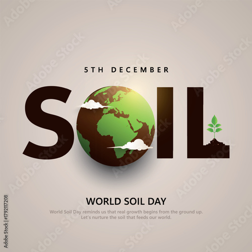 World Soil Day 5th December Creative SOIL typography featuring a globe with sprouts.