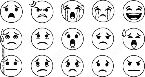 Set of eight simple outline emoji faces displaying various emotions.