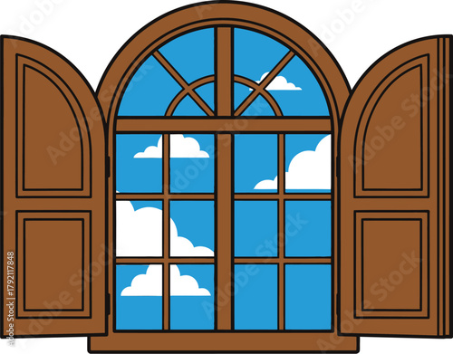 Open window reveals bright blue sky with fluffy white clouds