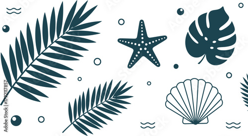 Tropical beach icons with palm leaves, starfish, and seashells