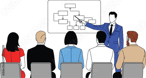 Business leader presents strategy flowchart to attentive team in modern office