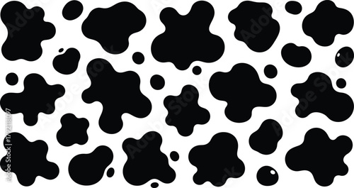 Vector cow print pattern background. Black irregular patches on white backdrop. Abstract cow skin or fur texture. Hand drawn design. Farm animal print