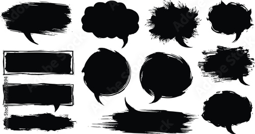 Hand drawn speech bubble doodle set, chat message frames in black brush strokes, conversation icons.