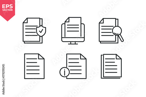 Set of line icons related to file, document, document information, document search, digital document, secure document. Editable stroke. Vector illustration