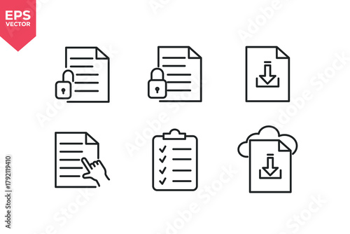 Set of line icons related to secure file, lock document, download document, select document, checklist, cloud download. Editable stroke. Vector illustration