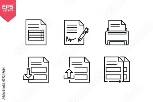 Set of line icons related to document, sign document, printing document, download document, upload document, document exchange. Editable stroke. Vector illustration