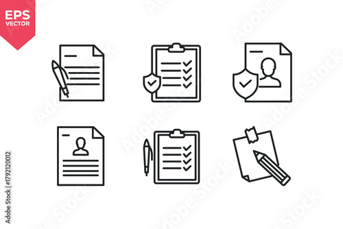 Set of line icons related to profile document, protected file, document sign, secure checklist, memo with pencil. Editable stroke. Vector illustration