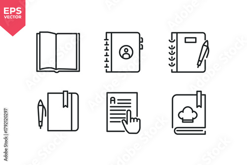Set of line icons related to open book, contact book, spiral notebook with pen, reading document, recipe document. Editable stroke. Vector illustration