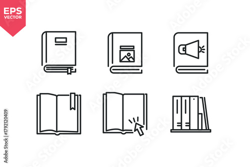 Set of line icons related to book, media book, audio book, reading, digital book, book collection. Editable stroke. Vector illustration