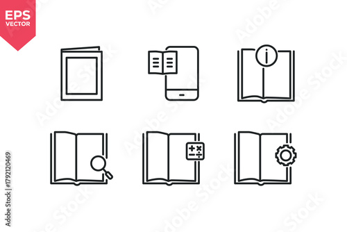 Set of line icons related to book cover, e-book, information book, research, calculation, technical manual. Editable stroke. Vector illustration