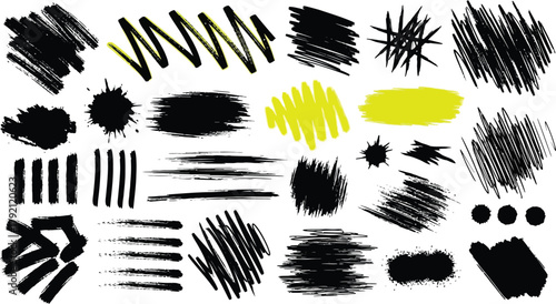 Big collection of black paint, ink brush strokes, brushes, lines, grungy. Dirty artistic design elements, boxes, frames. Vector illustration.