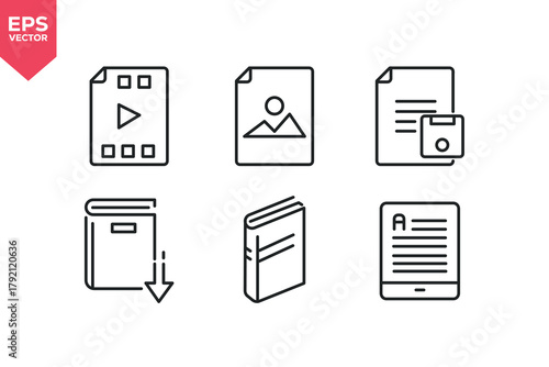 Set of line icons related to media document, picture document, save file, e-book download, close book, digital textbook. Editable stroke. Vector illustration
