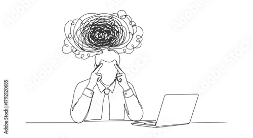 One continuous line drawing of a person with a tangled brain, representing stress and mental health challenges using EPS format