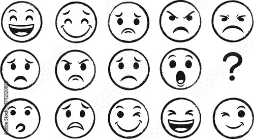 Set of eight simple outline emoji faces displaying various emotions.
