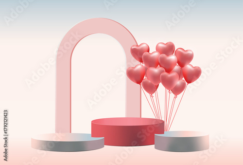 Vector Romantic Valentine Podium with Heart Balloons and Pastel Arch with gentle lighting and warm tones Background