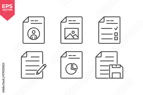 Set of line icons related to profile document, image document, edit document, checklist document, pie chart document, save document. Editable stroke. Vector illustration