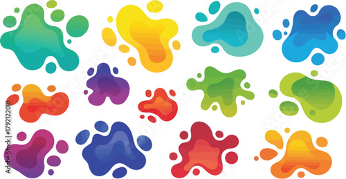 Memphis blob forms, isolated variety of colored liquid shapes with splashes design. Vector flat cartoon, typography or banners templates, abstract background for text, copy space on icons set