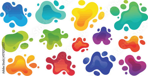 Memphis blob forms, isolated variety of colored liquid shapes with splashes design. Vector flat cartoon, typography or banners templates, abstract background for text, copy space on icons set
