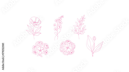 A collection of five minimalist botanical illustrations, each featuring a unique arrangement of flowers, leaves, and stems drawn in a continuous line art style. 