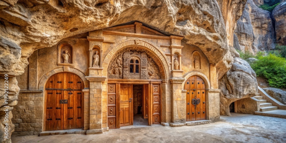 Obraz premium Ancient cave monastery with towering stone walls and intricately carved wooden doors