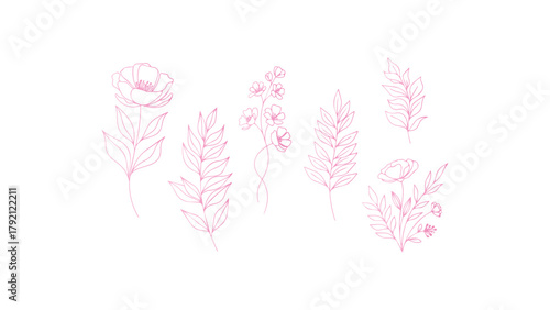 A collection of five minimalist botanical illustrations, each featuring a unique arrangement of flowers, leaves, and stems drawn in a continuous line art style. 