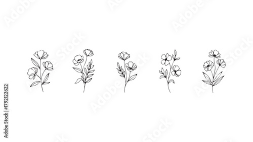 A collection of five minimalist botanical illustrations, each featuring a unique arrangement of flowers, leaves, and stems drawn in a continuous line art style. 