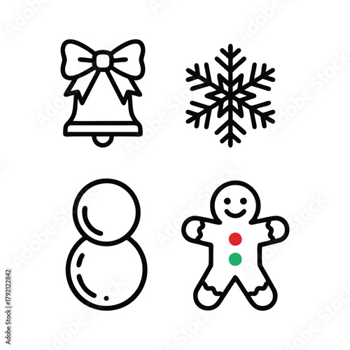 Christmas Decoration Icon Set: Holly, Fireplace, Stockings, Snowflake, and Holiday Banner