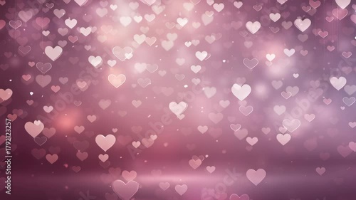 Beautiful romantic background with floating hearts and soft pink bokeh for love-themed designs