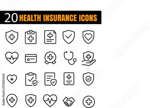 Health Insurance Icon Set, Medical Protection Outline Vectors, Healthcare Coverage Symbols, Life Safety Policy Elements, Modern Hospital Care Pack