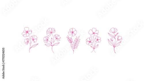 A collection of five minimalist botanical illustrations, each featuring a unique arrangement of flowers, leaves, and stems drawn in a continuous line art style. 