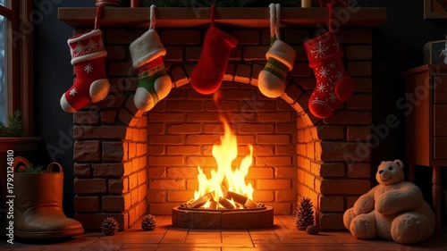 Warm hearth glows with flickering flames, cozy Christmas stockings hang, a magical animated loop for festive holiday ambiance and seasonal storytelling.