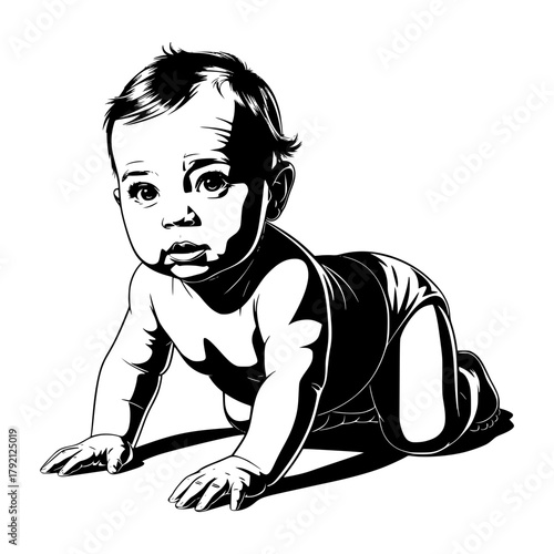 First Steps: A charming depiction of a baby on the move, capturing the innocent curiosity and determination of early childhood.