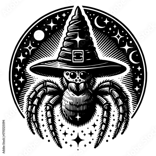 Spider in Witch Hat: A captivating illustration showcases a whimsical spider adorned with a witch hat, set against a backdrop of celestial elements, capturing the essence of Halloween.