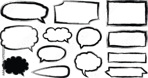 Hand drawn speech bubble doodle set, chat message frames in black brush strokes, conversation icons.