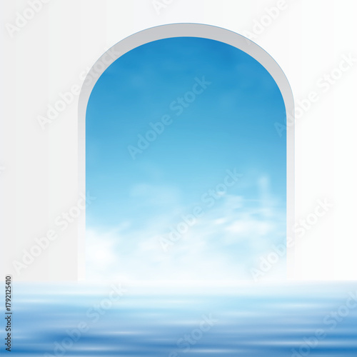 3D scene with podium and arched windows showing bright blue sky and soft clouds. Modern abstract background perfect for product display, branding presentation, cosmetic showcase, and design mockups.