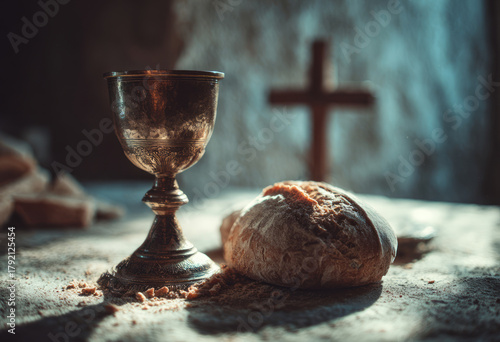 Chalice bread rustic altar cross vintage metal loaf crumb faith