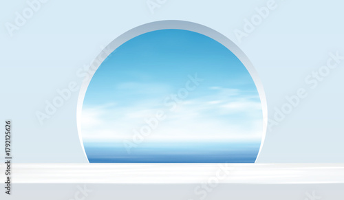 Minimal abstract background featuring a white arched frame opening to a bright blue sky and calm ocean. Perfect for product presentation, branding mockup, cosmetic display, and summer design concepts.