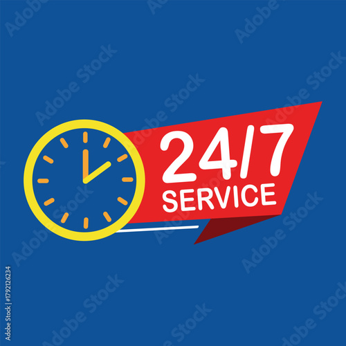 24/7 service emblem with a clock icon and a red banner indicating round-the-clock availability for customer needs, vector illustration
