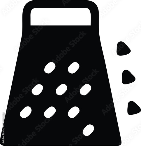 Kitchen grater silhouette icon with grated food pieces for cooking and meal prep