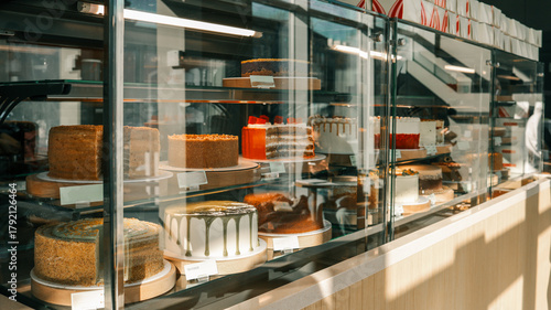 Delicious cakes displayed in a bakery shop window, ready to be purchased
