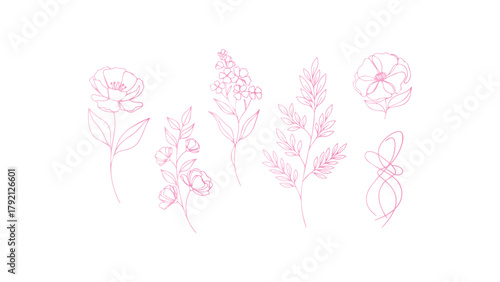 A collection of five minimalist botanical illustrations, each featuring a unique arrangement of flowers, leaves, and stems drawn in a continuous line art style. 