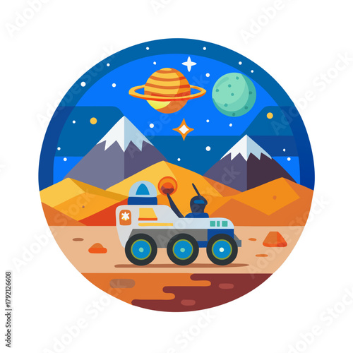 Flat colorful vector of a space rover driving on Mars with stars and mountains, representing science, innovation, and planetary exploration