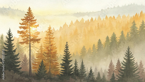 watercolor painting of a misty pine forest, soft layers of evergreen trees fading into the fog Vector background 

